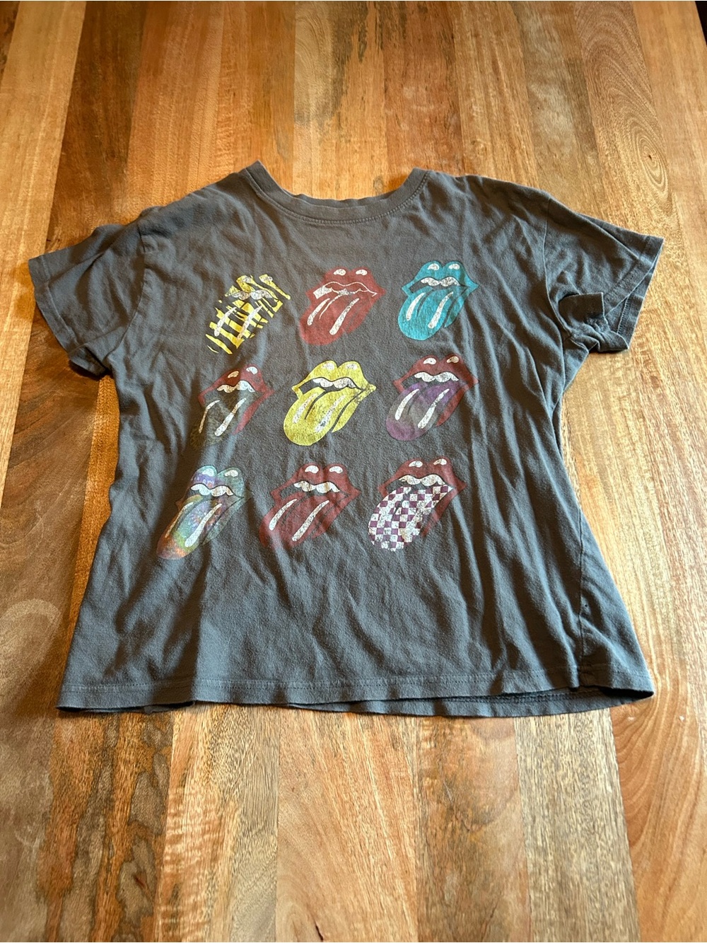 the Rolling Stones Charcoal Tee with Multicolor Tongue Icons